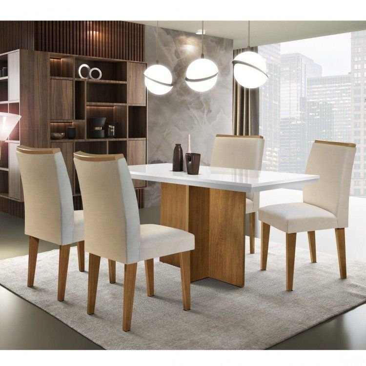 Conjunto Sala de Jantar Mesa Tampo MDF Irlanda 4 Cad Dublin Marrom/Veludo Creme/Off White/Imbuia Veludo Creme/Off
