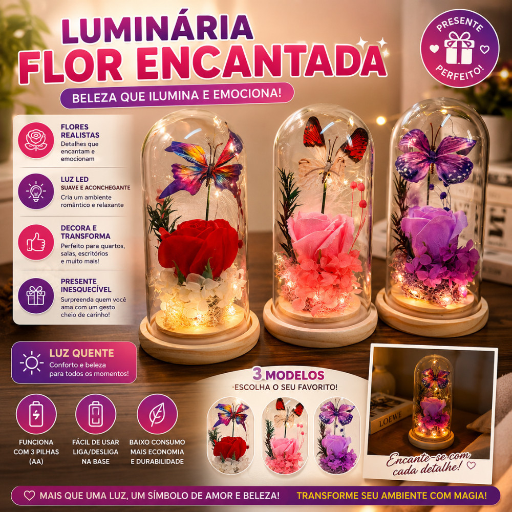 Luminária Rosa Encantada Com Led Redoma Flor E Borboleta Presente Romântico