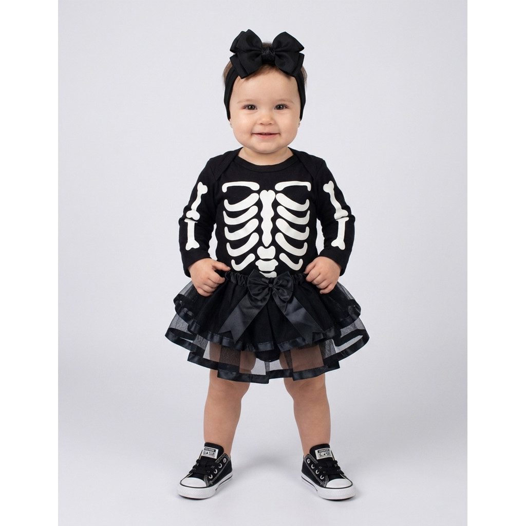 Body Bebê Fantasia Esqueleto Manga Longa + Saia De Luxo E Faixa