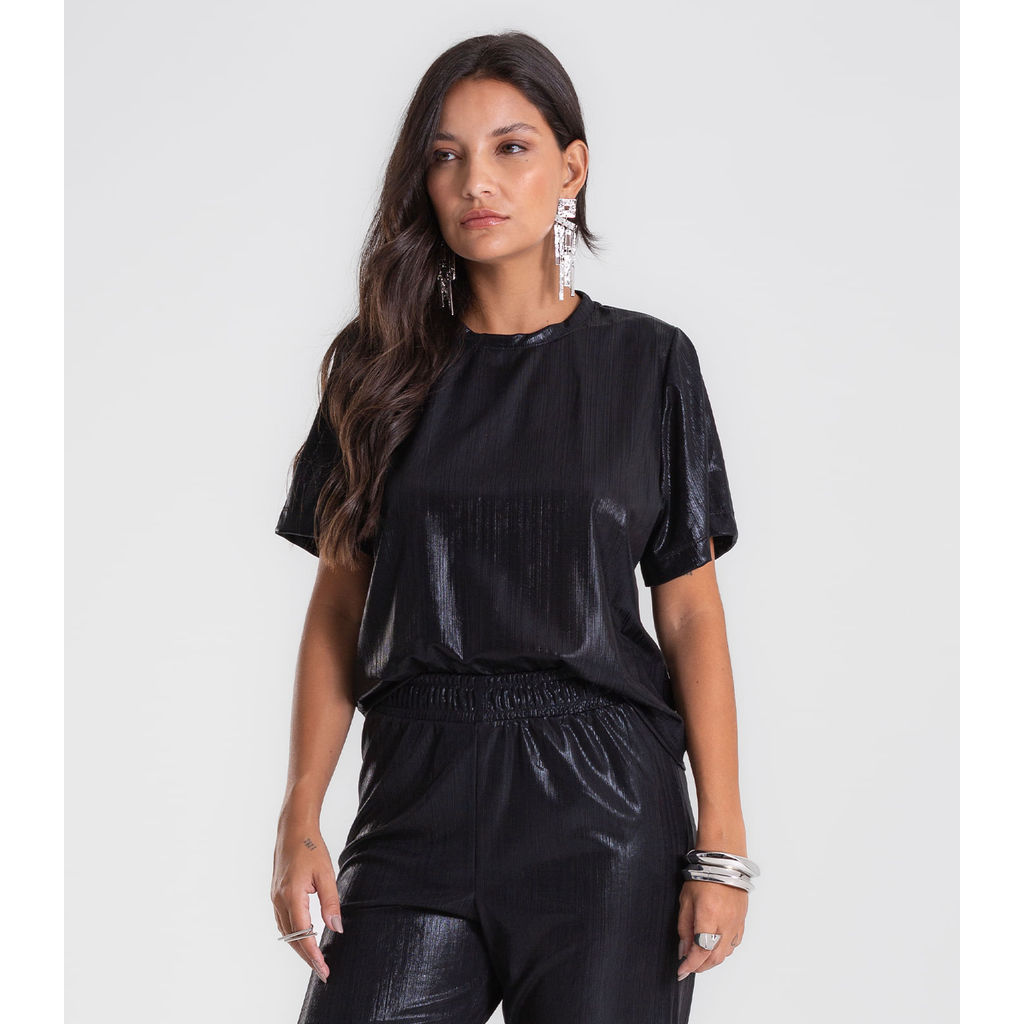 Blusa Feminina em Malha Plissada Cropped Dianna Preto