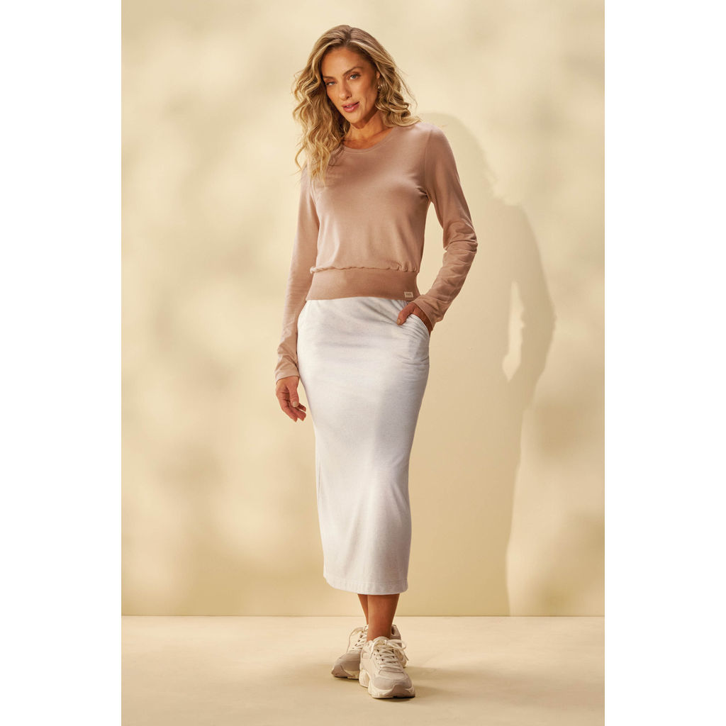 Saia Midi Comfy Feminina Com Bolsos Marialícia Bege