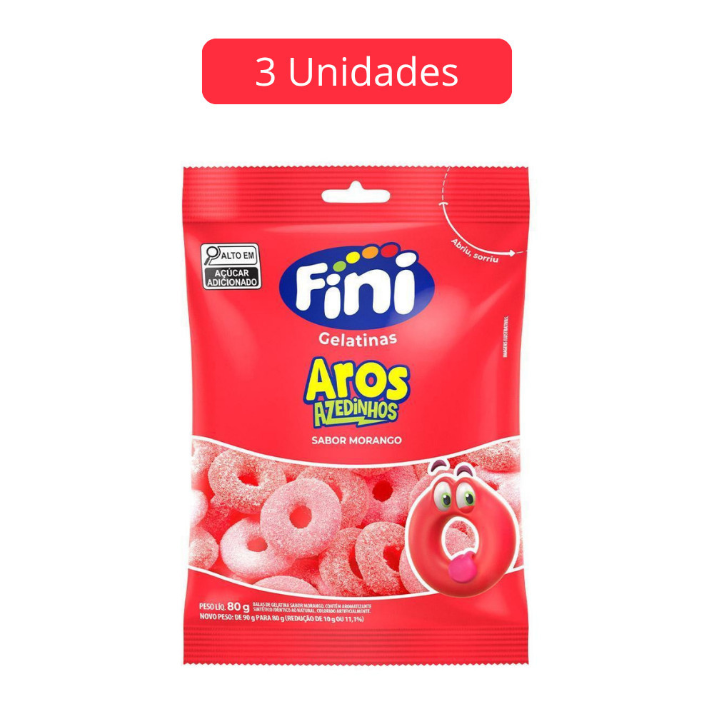 Kit 3 Pacotes Balas de Gelatina Aros de Morango 80g Fini
