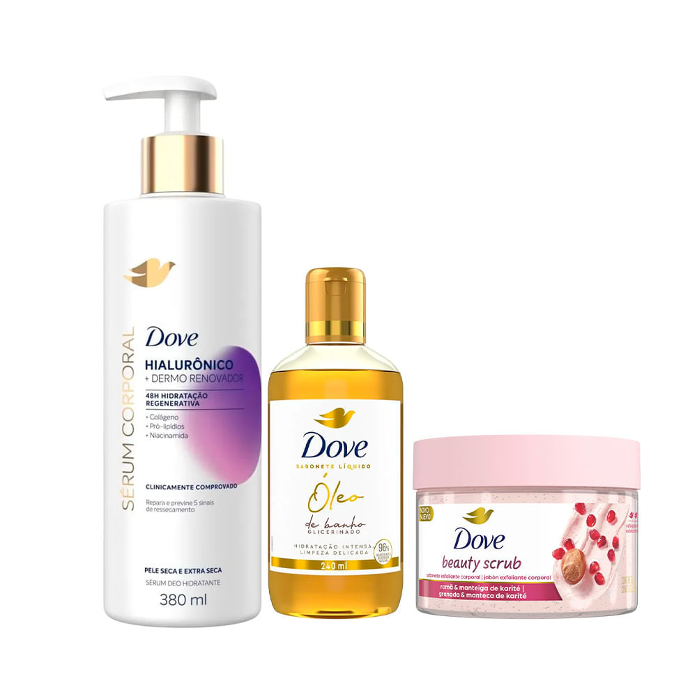 Kit Dove Hidratante Corporal Hialurônico 380ml + Óleo De Banho 240ml + Esfoliante Corporal Beauty Romã 280g