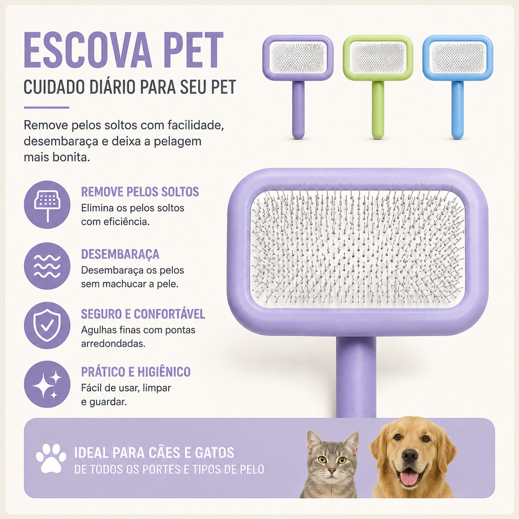 Escova Pet para Cães e Gatos – Removedora de Pelos com Cerdas Finas e Cabo Confortável