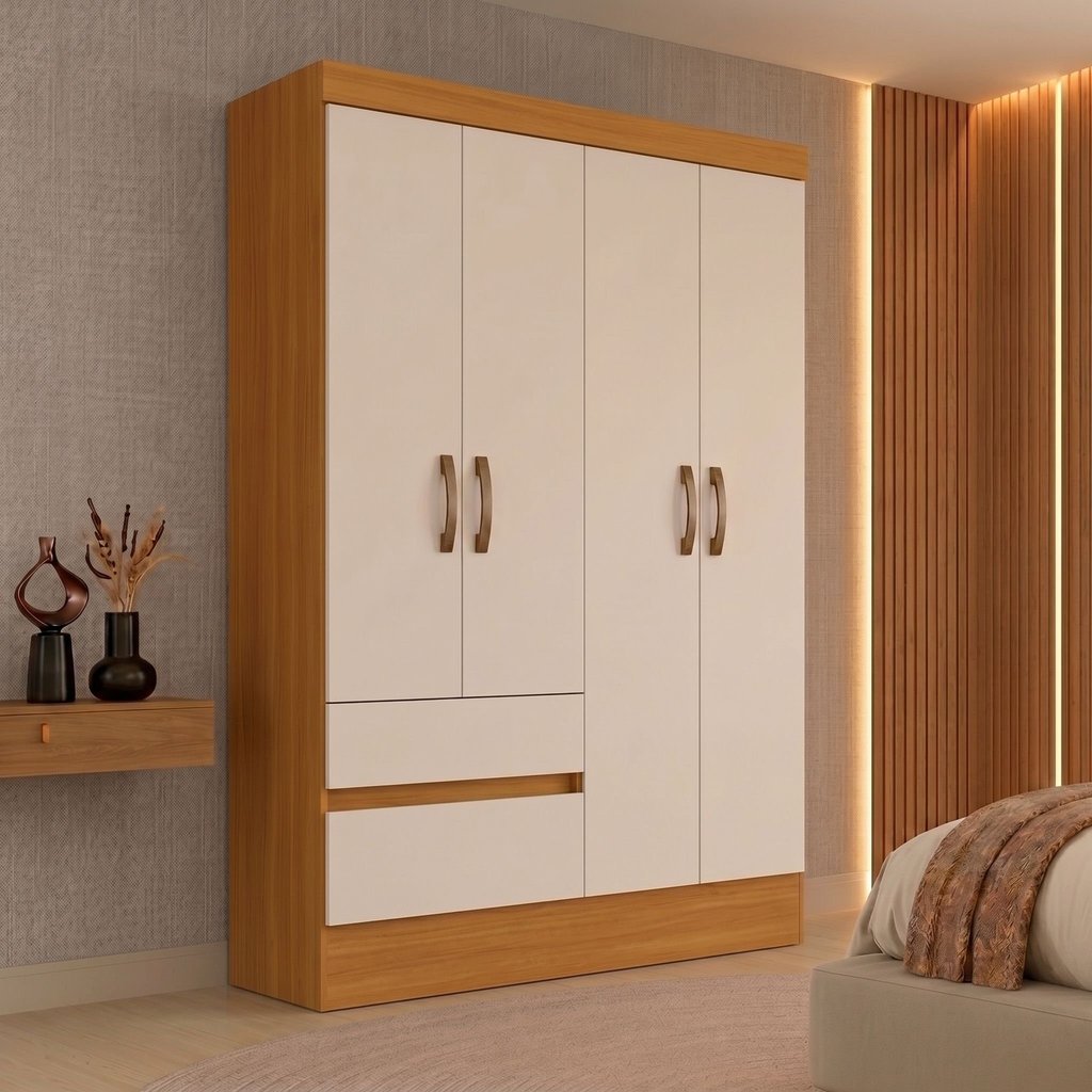 Guarda-Roupa Solteiro 4 Portas 2 Gavetas BS02 Off White/Cinamomo