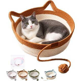 Cesto Arranhador de Corda, Cama de Algodão Tecida à Mão com Bola de Brinquedo para Gatos de Interior, Redonda, Respiráve