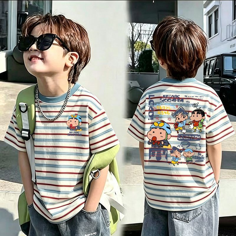 Crianças puro algodão de manga curta meninos listrado camiseta verão 2026 novo estilo meia manga em torno do pescoço sol