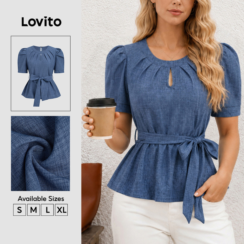 (New Arrival) Lovito Blusa Casual Com Cinto Recorte E Pregas Primavera/verão Azul BLB38BR093