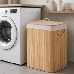Cesto De Roupa Suja Bambu Dobrável Retangular 60L Grande Organizador Forrado Tampa Alças Banheiro Lavanderia Multiuso