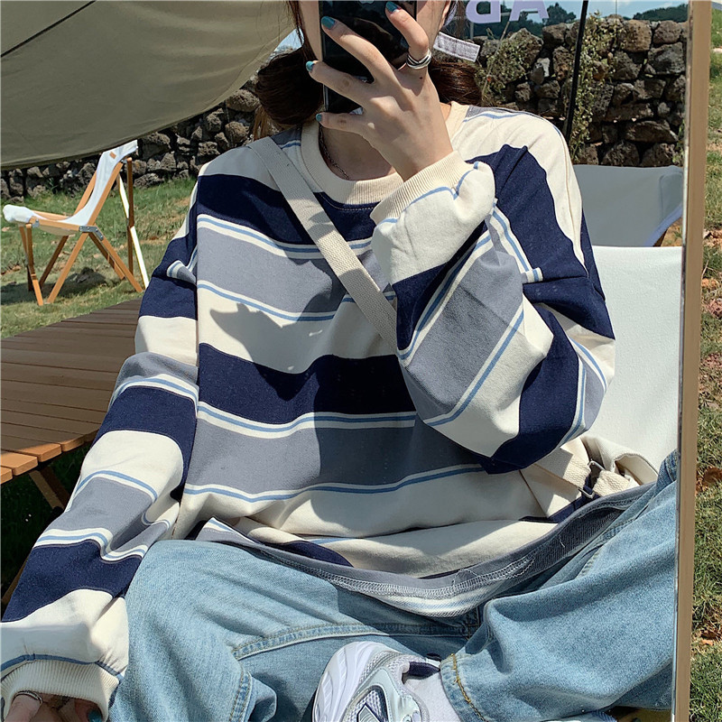 Camiseta listrada feminina versão coreana solta 2022 novo estilo primavera outono comprimento médio manga comprida roupa