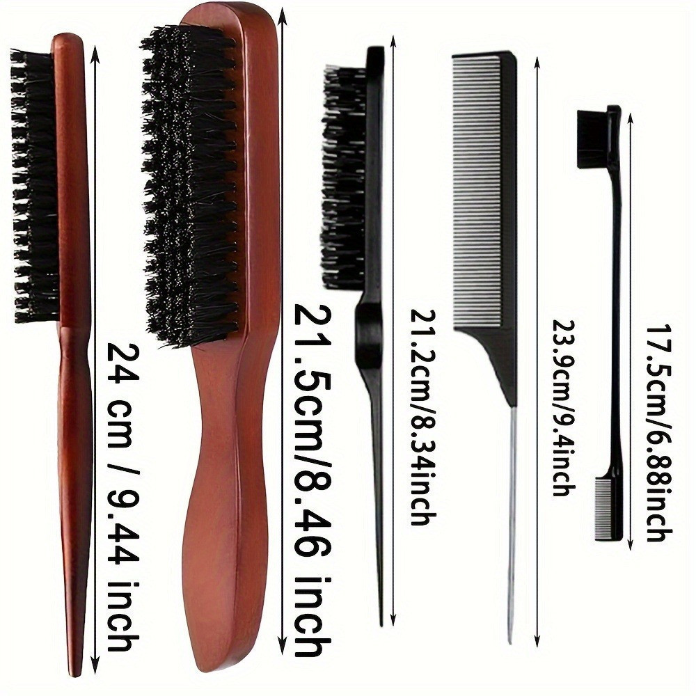 Kit 5 Escova De Cabelo E Pente De Cerdas De Javali De Estilo De Controle De Borda Unissex Para Costas Lisas Suavização