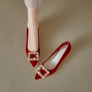 Francês Retro pérola fivela quadrada sapatos de noiva mulheres sapatos de camurça vermelha mulheres grávidas podem usar 
