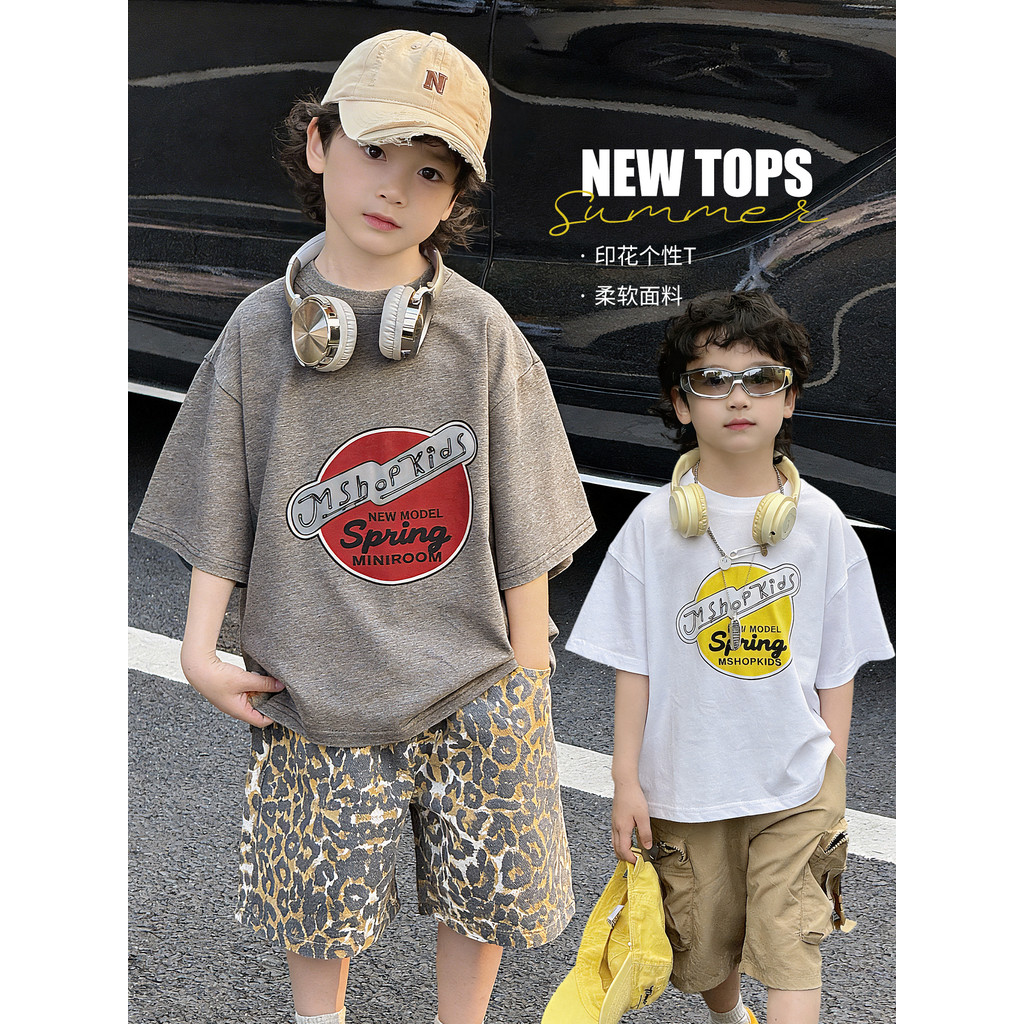 Crianças verão versão coreana carta impressa de manga curta camiseta meninos Casual solto topo estilo americano na moda 