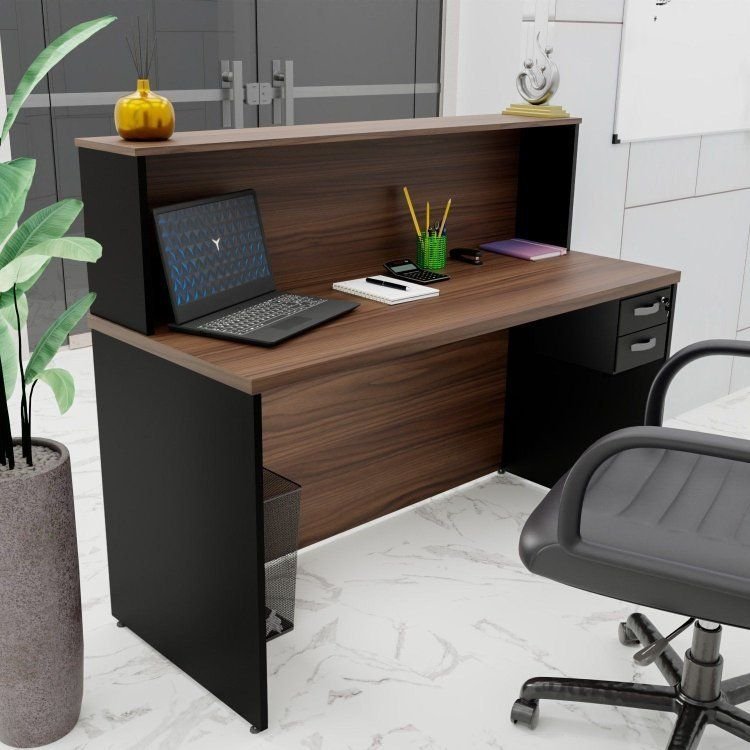 Balcão Atendimento Recepção Consultório com Gaveta 120x60cm Marrom/Nogal Nogal/Preto