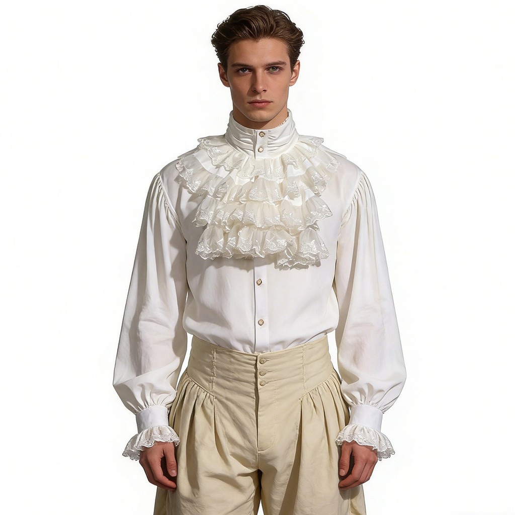 Medieval Retro camisa gola folha de lótus colar Multi-camada renda nobre topo cosplay adereços roupas príncipe NPC
