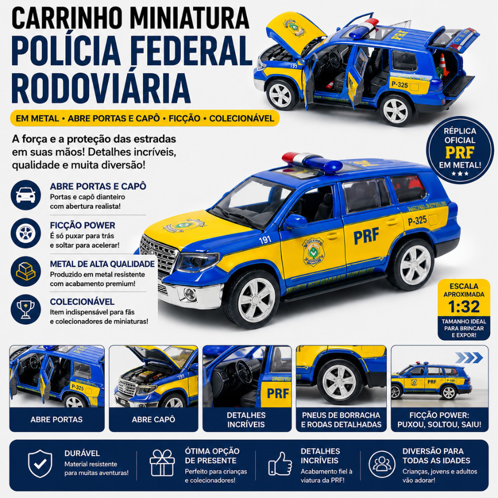 Carrinho Polícia Rodoviária Federal Metal 1:32 Fricção Abre Portas Capô Miniatura Colecionável