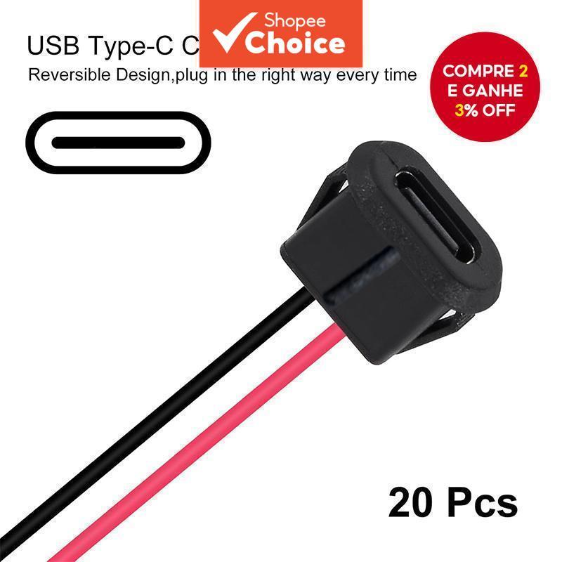 Conector Fêmea Tipo-C 2 Pinos 20 Unidades Conectores USB Tipo-C Conector de Tomada Fêmea Preto (Sem Terminal)