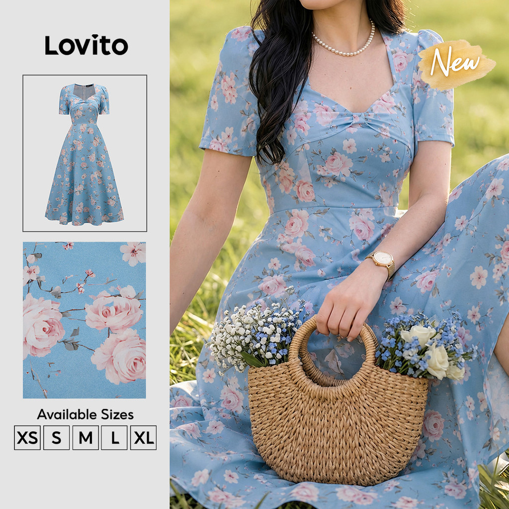 (New Arrival) Lovito Vestido Elegante com Estrutura de Linhas e Laço para Mulheres Primavera/Verão DRK9P1D384