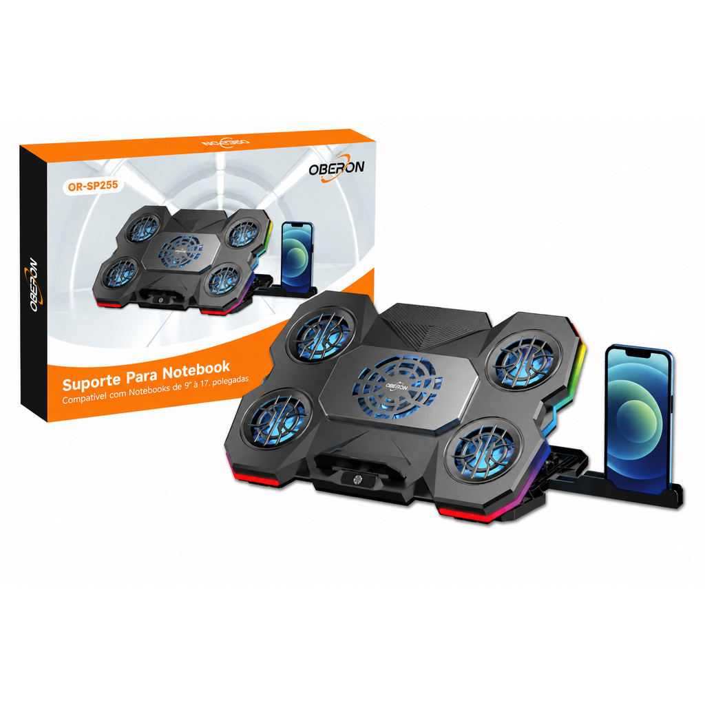 Suporte Para Notebook Gamer C/ Suporte para Celular OR-SP255 com 5 Ventoinhas e RGB com LED C/ 5 Ângulos Ajustáveis