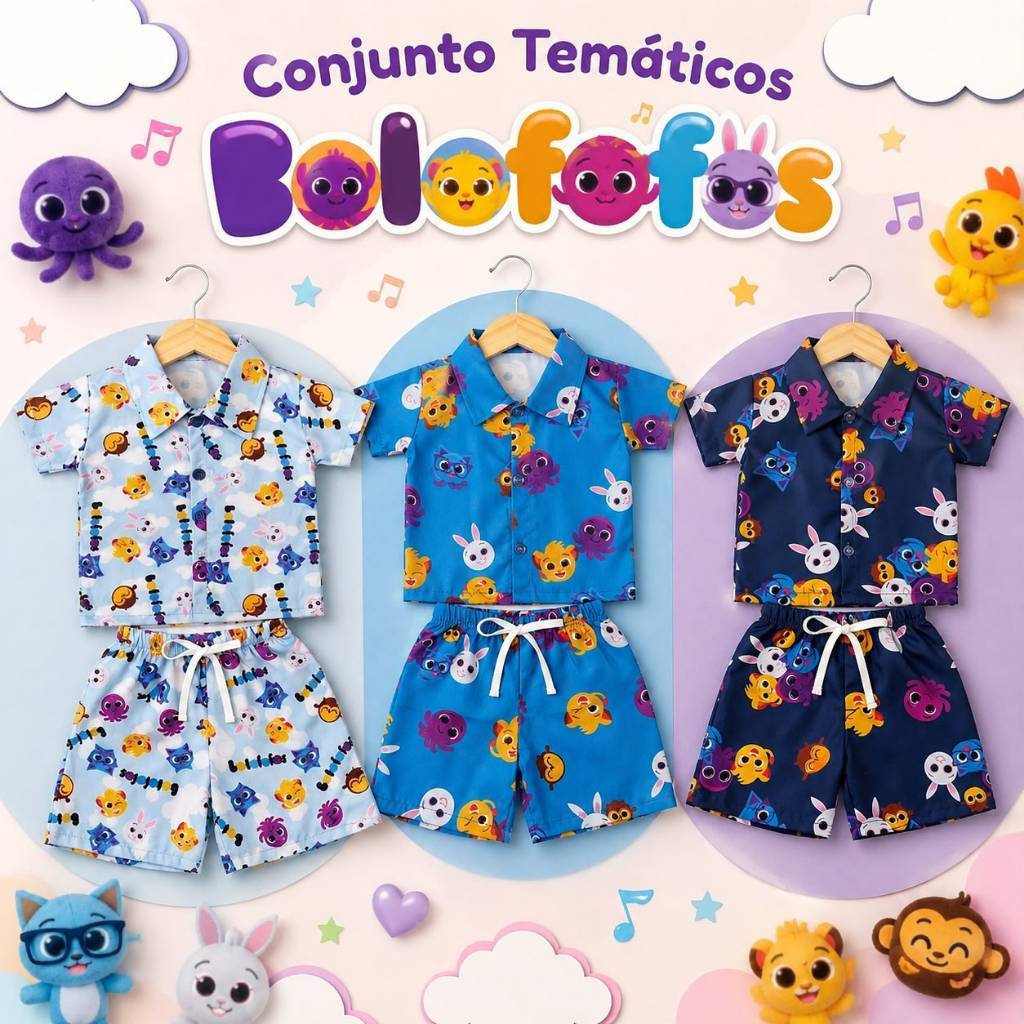 Conjunto Infantil Baby Bolofofos Temático Festa Menino Tactel Verão Camisa + Bermuda Tam 1 2 3 Anos.
