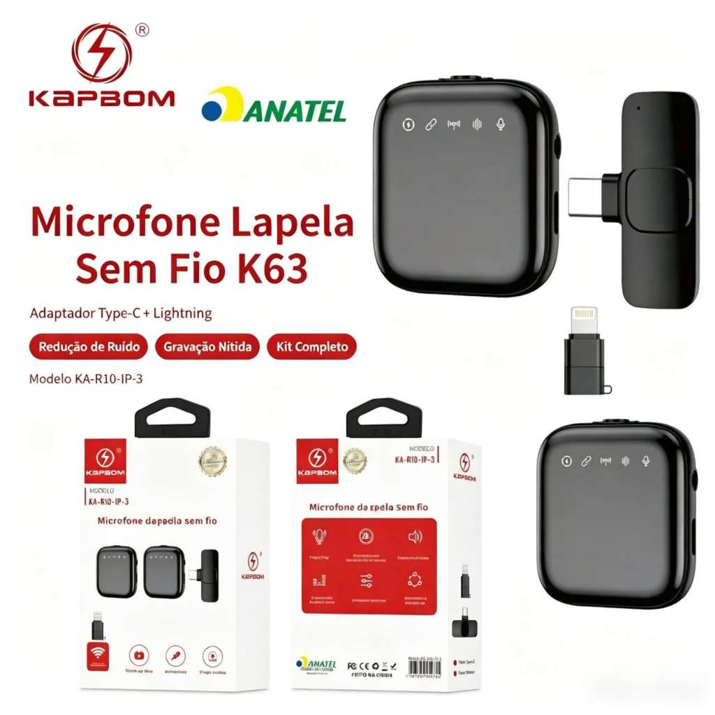 Microfone Lapela Sem Fio Duplo KA‑R10‑IP‑3, Adaptador Type‑C + Lightning, Redução de Ruído, Para Live, Gravação Vlog
