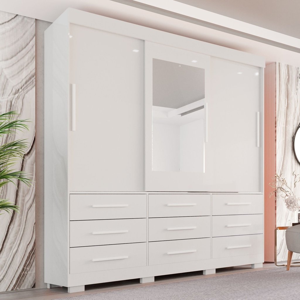 Guarda-Roupa Casal 3 Portas 9 Gavetas com Espelho e Pés Luana Branco Branco