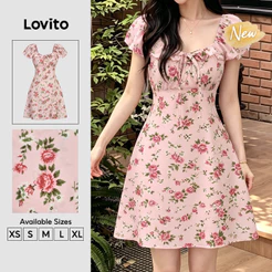 (New Arrival) Lovito Vestido Rosa Curto Em Linha a Com Alças Babados E Estampa Floral Casual Para Primavera/verão Mulheres DRB206TD209