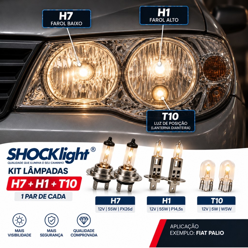 KIT 6 LÂMPADAS HALÓGENAS AMARELAS PADRÃO ORIGINAL H7 H1 E T10 12V SHOCKLIGHT FAROL DUPLO FOCO — imagem 2 de 2