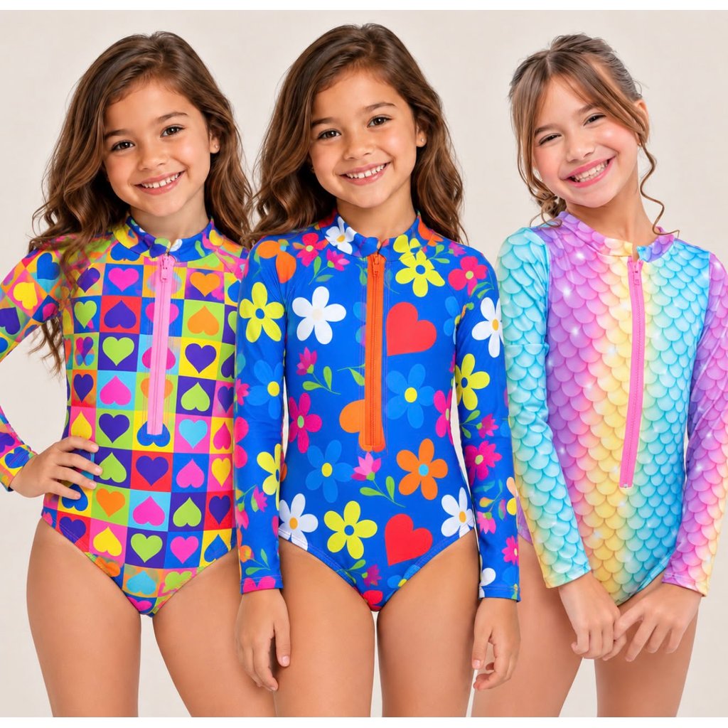 Maiô manga longa ziper forrado infantil juvenil colorido moda praia piscina