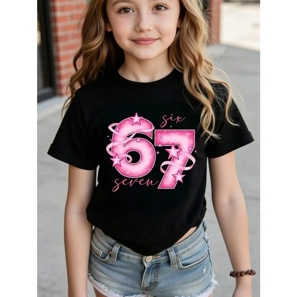 Crianças 67 Natal Elfo Impressão Meninas Manga Curta Em Torno Do Pescoço Camisetas Festas Casual Wear Conforto Roupas Da