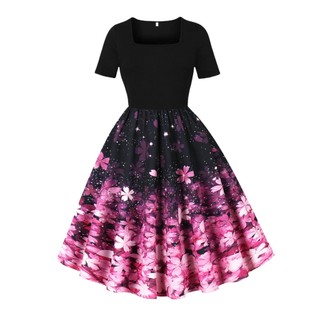 Vestido de festa à noite com estampa Floral rosa feminino elegante retrô gola quadrada vestido grande Swing