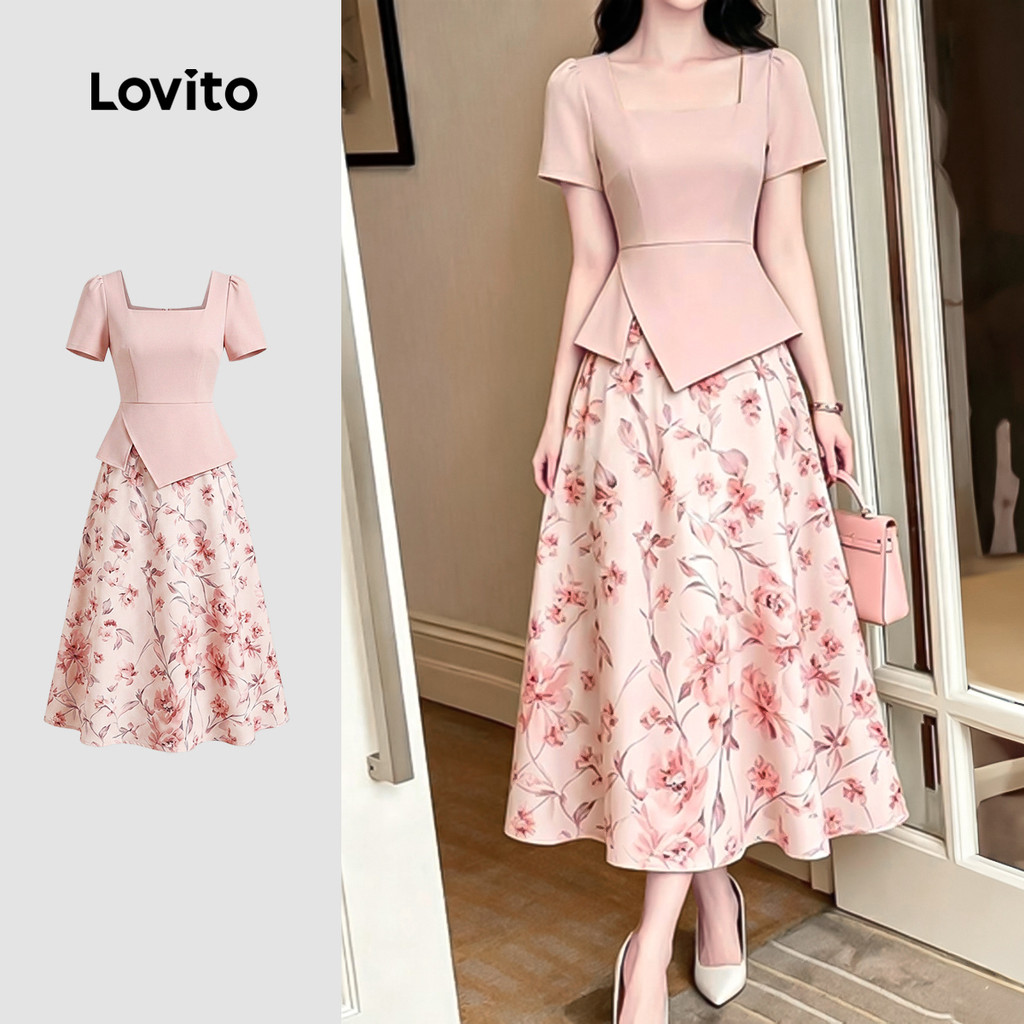 Lovito Vestido Floral Elegante Rosa De Primavera/Verão 2 Em 1 Falso Em Tecido Para Mulheres DRK8P1D682