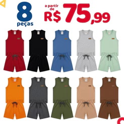 Kit 8 Peças Monocromáticas Regata Menino Conjunto Liso Verão Roupa Algodão Infantil Masculino