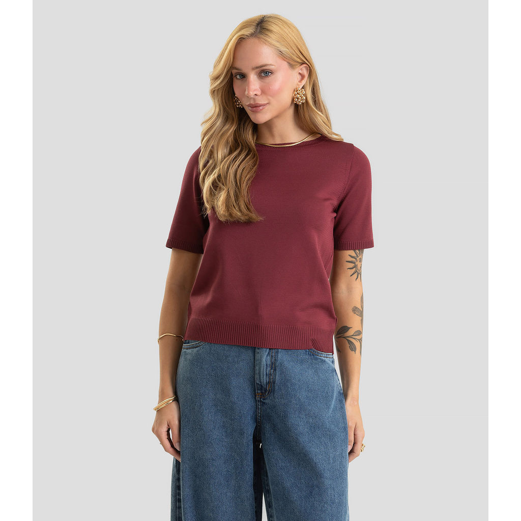 Blusa Feminina Manga Curta Lisa Em Tricot Dianna Vermelho
