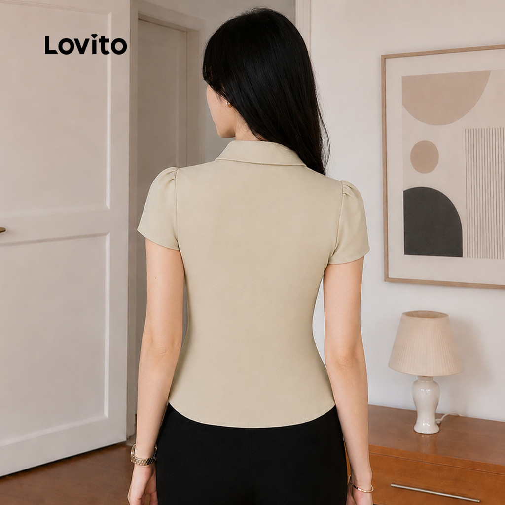(New Arrival) Lovito Blusa Cáqui Elegante Feminina De Cor Sólida E Lisa Com Manga Curta Gola E Botões Para Trabalho Primavera E Verão BLT204P1D486 — imagem 2 de 2