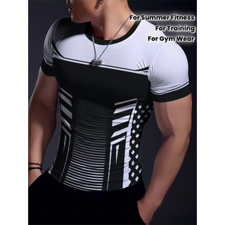 Camiseta com estampa geométrica de alta elasticidade e manga curta com gola redonda, Top esportivo de secagem rápida, ad