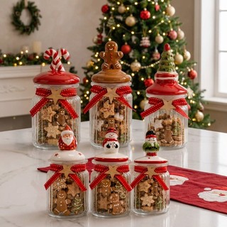 Potes de Vidro Natalinos 300mL - Porta Mini Biscoitos Porta Doces Bomboniere Decoração de Natal com Tampa Decorada