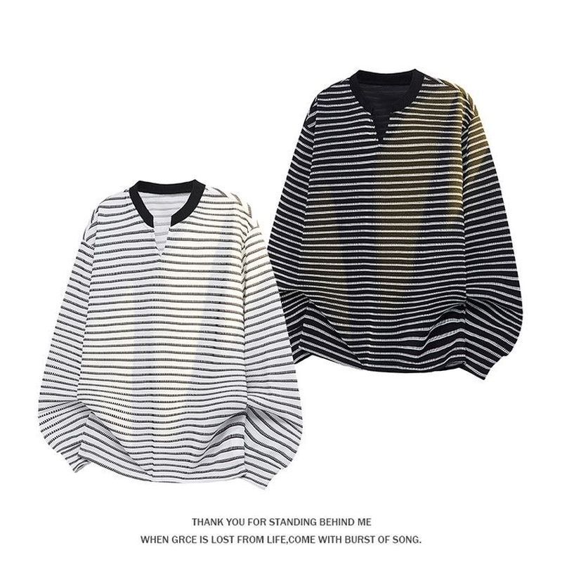 American cleanfit preto branco listrado gola Henry manga comprida camiseta solta estilo preguiçoso primavera outono Top 