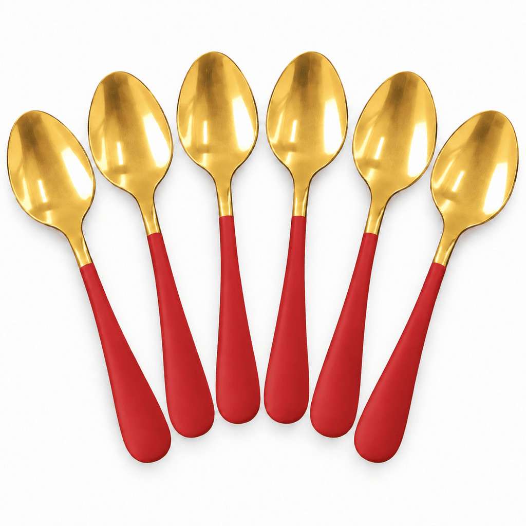 Kit 6 Colheres Chá Aço Inox Dourada Cabo Vermelho Fosco Café Sobremesa Uso Diário Mesa