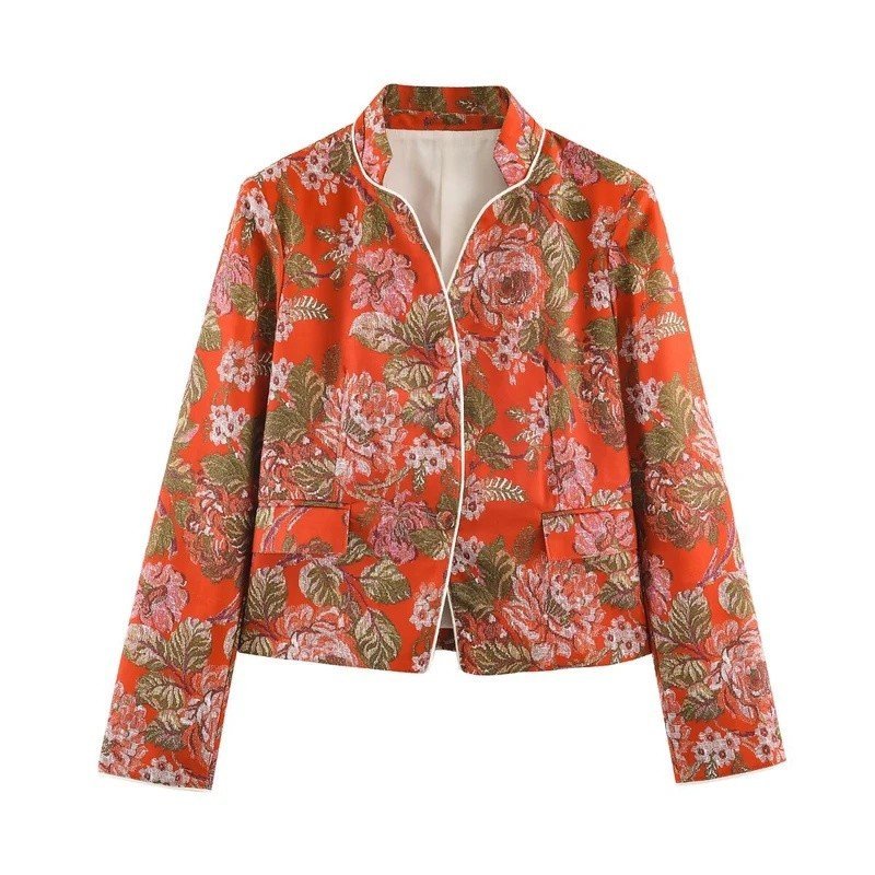 Roupa feminina de estilo europeu e americano para comércio exterior, nova coleção 2026, blazer estampado com flores, mod