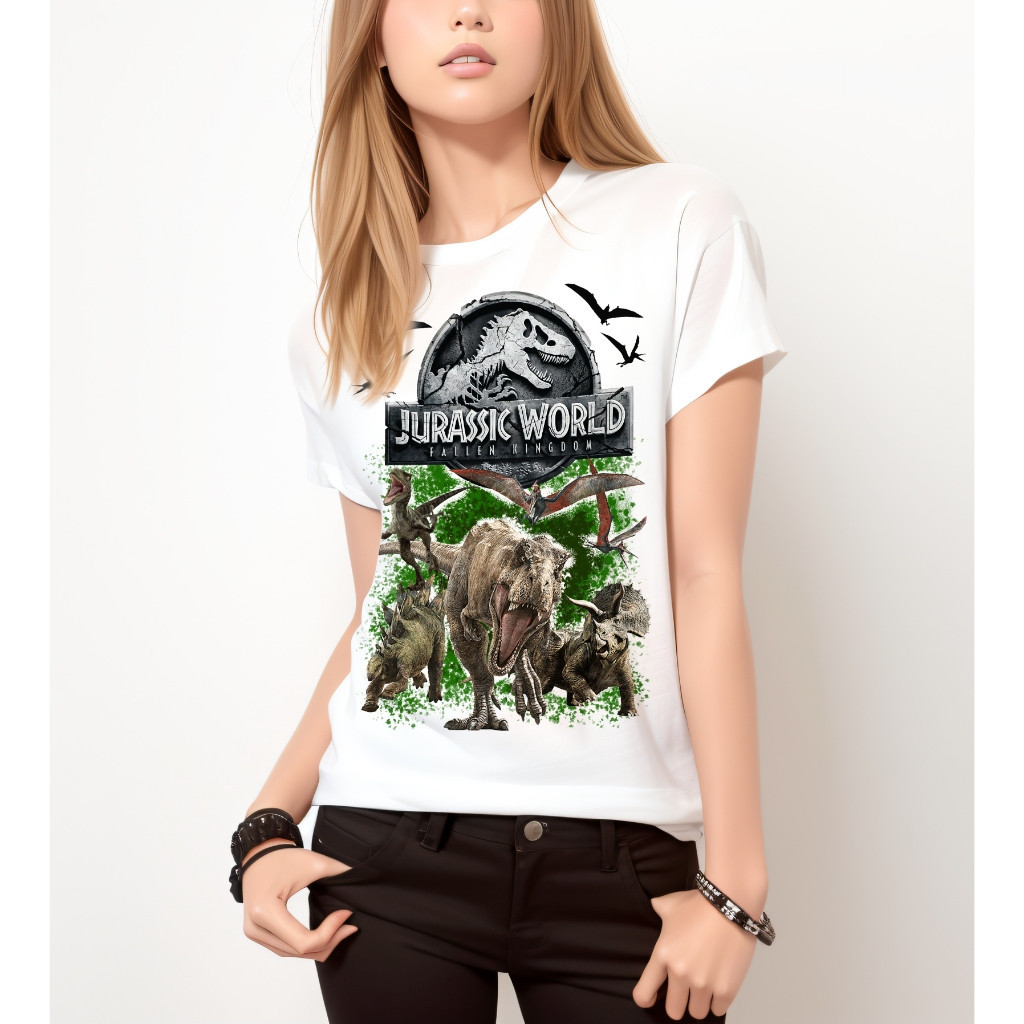 [Camiseta Premium em Algodão Puro]BOW Adulto e infantil Dinossauro T-Rex Jurassic Park Jurassic World