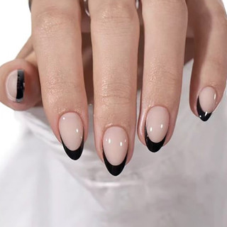 30 unhas postiças curtas pretas com ponta francesa, estilo minimalista nude, tendência Instagram, doces e modernas, remo