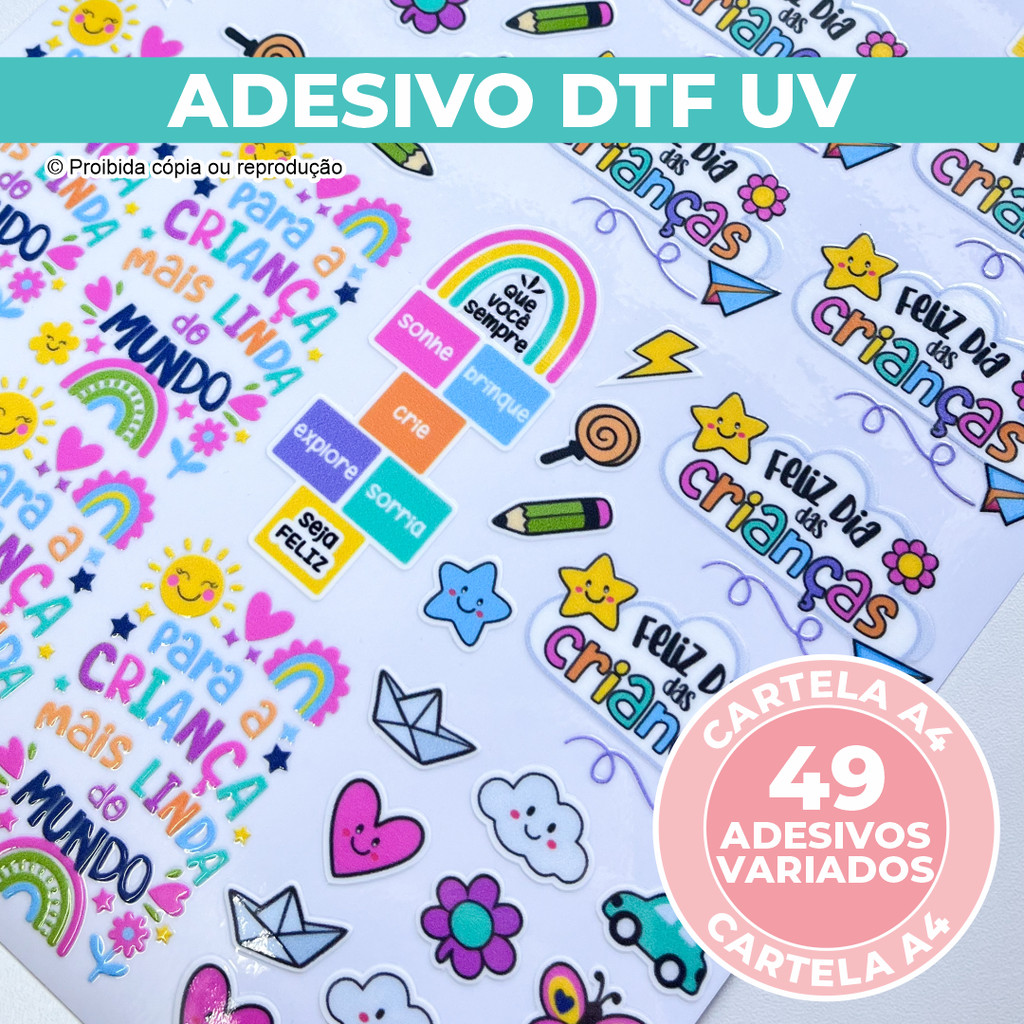 Adesivos DTF UV A4 - Dia das Crianças - Para personalizar materiais rígidos: canecas, garrafas, brindes, madeira