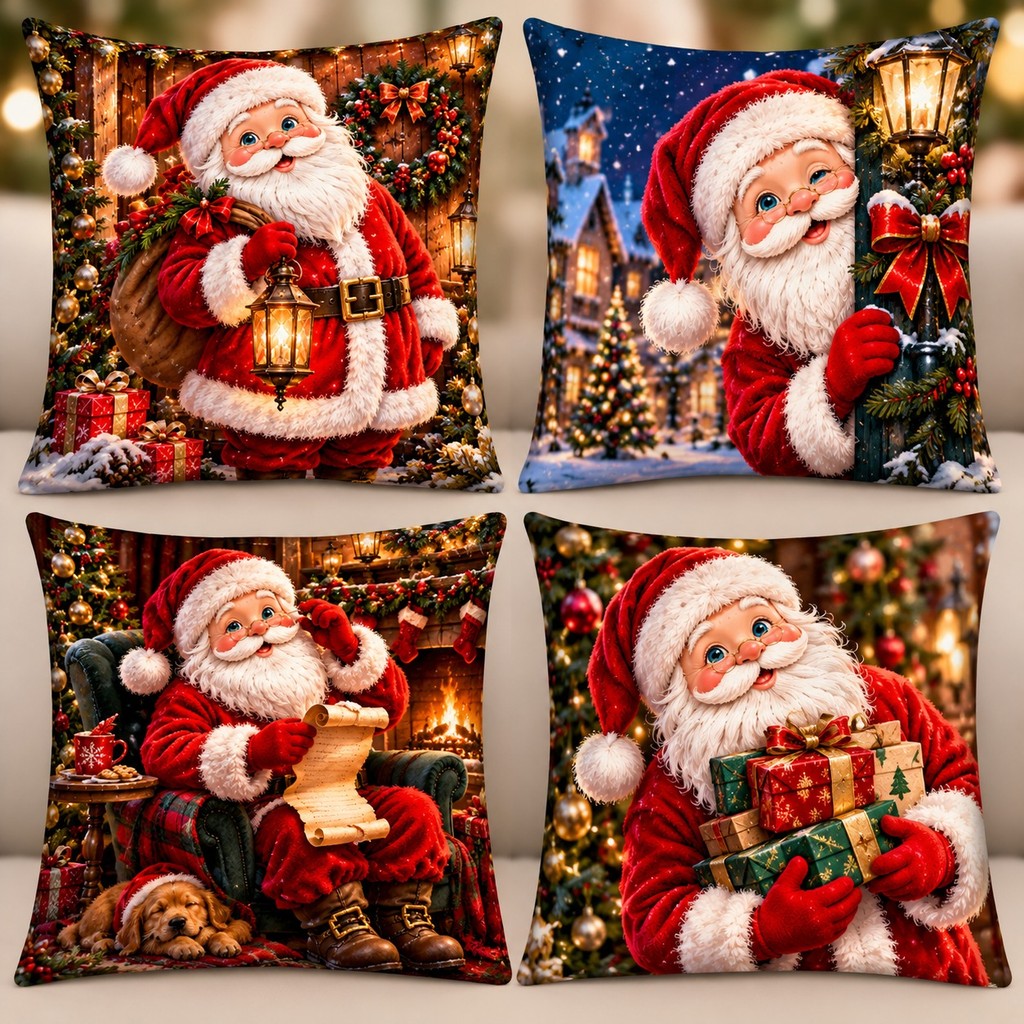 Kit com 4 Capas de Almofada de Natal 45x45 cm –  Natalinas com efeito 3D ⚠️NÃO SÃO ALTO RELEVO E SIM ESTAMPADAS⚠️