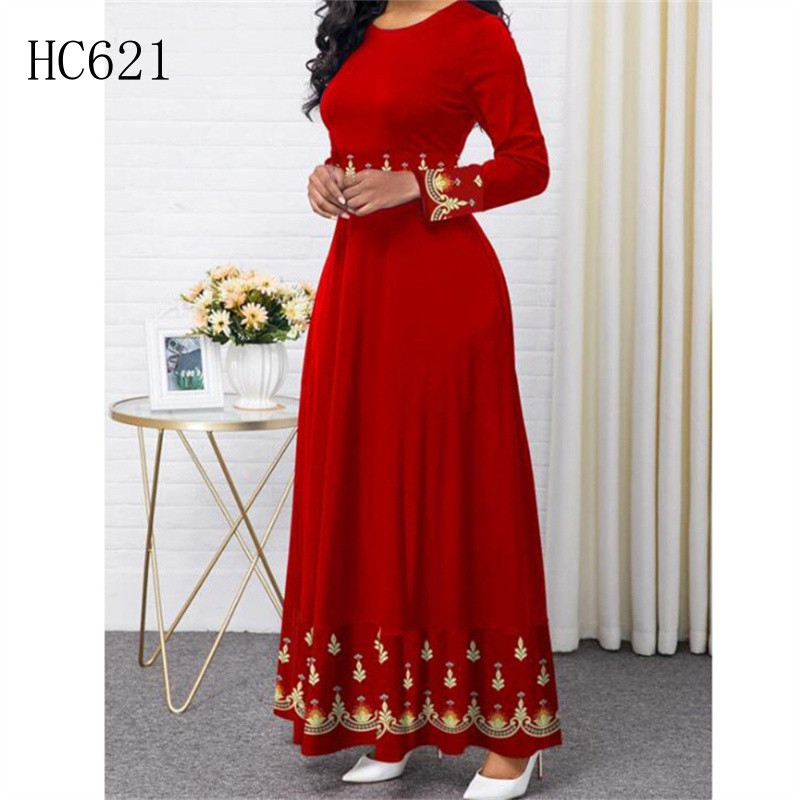 Vestido longo de cintura alta com estampa retrô, vestido de manga comprida para primavera e outono, modelo BU697
