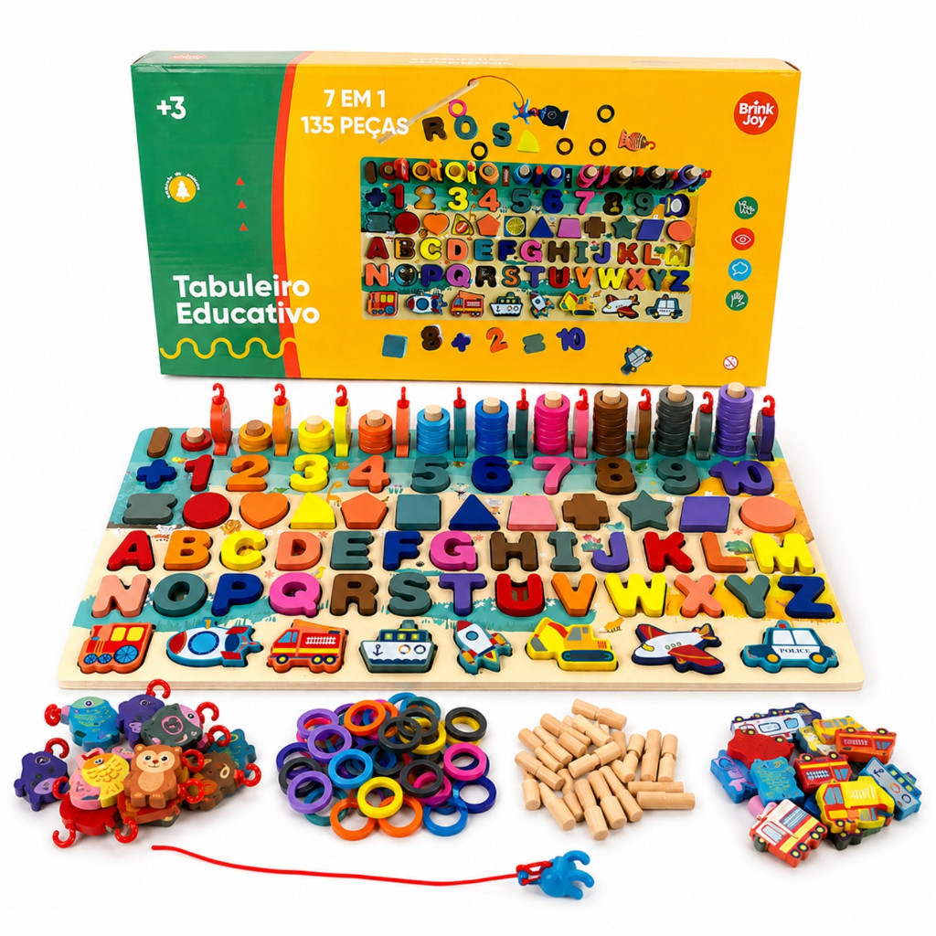 Tabuleiro Montessori 7 em 1 Madeira Alfabeto Números Formas Brinquedo Educativo Infantil