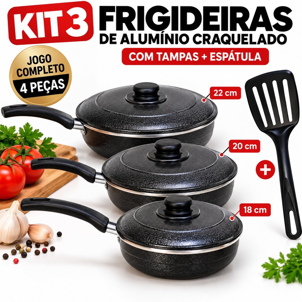 Kit 3 Frigideiras de Alumínio Craquelado Preto 18cm 20cm 22cm com Tampas + Espátula