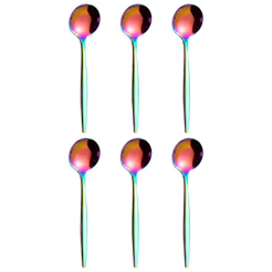 Colheres Café Chá Sobremesa Kit 6 Unidades Aço Inox Colorido Arco-Íris Espelhado Talher