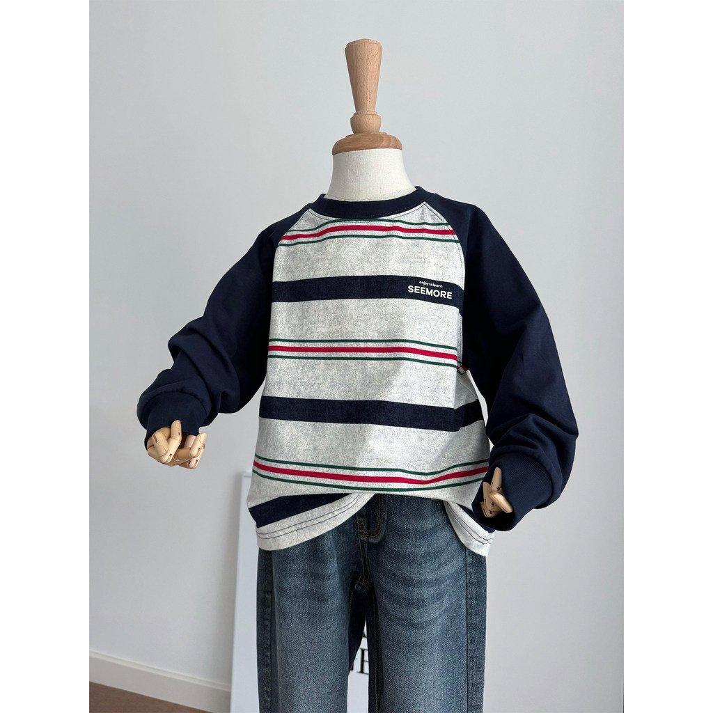 Meninos estilo ocidental colorido listrado em torno do pescoço camiseta ~ médio grande crianças puro algodão manga compr