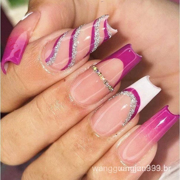 24 Peças De Unhas Postiças Francesas Realistas Decoradas Com Diamantes 3G8T